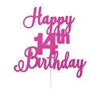 LissieLou Happy 14th Birthday Cake Topper in Pretty Glitter Card, Made in the UK - Hot Pink