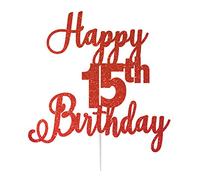 LissieLou Happy 15th Birthday Cake Topper in Pretty Glitter Card, Made in the UK - Red