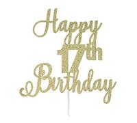 LissieLou Happy 17th Birthday Cake Topper in Pretty Glitter Card, Made in the UK - Gold