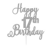 LissieLou Happy 17th Birthday Cake Topper in Pretty Glitter Card, Made in the UK - Silver