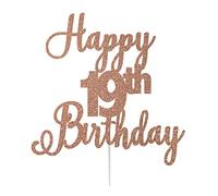 LissieLou Happy 19th Birthday Cake Topper in Pretty Glitter Card, Made in the UK - Rose Gold