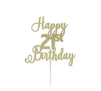LissieLou Happy 21st Birthday Cake Topper in Pretty Glitter Card, Made in the UK - Gold