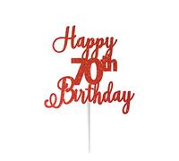 LissieLou Happy 70th Birthday Cake Topper in Pretty Glitter Card, Made in the UK - Red