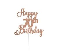 LissieLou Happy 70th Birthday Cake Topper in Pretty Glitter Card, Made in the UK - Rose Gold
