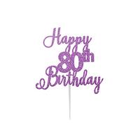LissieLou Happy 80th Birthday Cake Topper in Pretty Glitter Card, Made in the UK - Light Purple