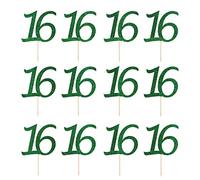 LissieLou Number 16 Cupcake Toppers Pack of 12 in Pretty Glitter Card, Made in the UK - Green