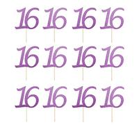 LissieLou Number 16 Cupcake Toppers Pack of 12 in Pretty Glitter Card, Made in the UK - Light Purple