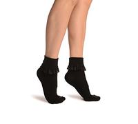 LissKiss Black With Black Lace Trim Ankle High Socks - Black Designer Socks