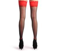 LissKiss Black With Red Seam At The Back & Red Silicon Lace Garter - Black Seamed Designer Hold Ups