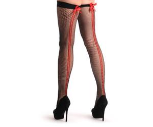 LissKiss Fishnet With Red Double Back Seam And Red Satin Bow - Black Seamed Striped Hold Ups