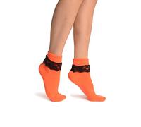 LissKiss Neon Orange With Black Lace Trim Ankle High Socks - Orange Designer Socks