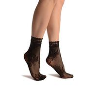 LissKiss Orchid & Peony Flowers Black Lace Socks Ankle High - Black Lace Floral Socks