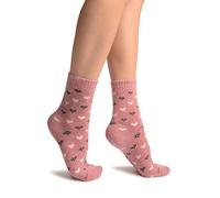 LissKiss White & Grey Hearts On Pink Angora Ankle High Socks - Pink Designer Socks
