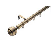 Lister Cartwright 28mm Antique Brass Adjustable Telescopic Extendable Metal Curtain Pole Set Rings with Ribbed Ball Finial Voile Easy fit to Outdoor, Bedroom, Living Room (210-320 cm)