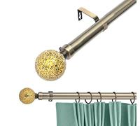 Lister Cartwright 28mm Antique Brass Adjustable Telescopic Extendable Metal Curtain Pole Set with Crackle Glass Finial Voile Easy fit to Outdoor, Bedroom, Living Room (210-320 cm)