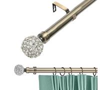 Lister Cartwright 28mm Antique Brass Adjustable Telescopic Extendable Metal Curtain Pole Set with Diamante Ball Finial Voile Easy fit to Outdoor, Bedroom, Living Room (210-320 cm)