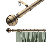 Lister Cartwright 28mm Antique Brass Adjustable Telescopic Extendable Metal Curtain Pole Set with Ribbed Ball Finial Voile Easy fit to Outdoor, Bedroom, Living Room (210-400 cm)