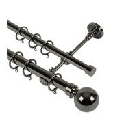Lister Cartwright Double Curtain Extendable Pole Set with Black Nickle Ball Finials - 19mm & 28mm Metal Poles for Layered Curtains, Sheer & Blackout, Brackets, Rings & Fixings (210-320 cm)