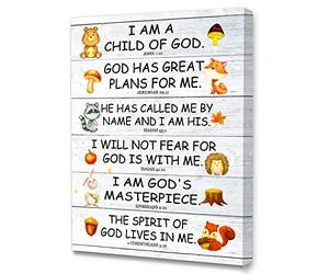 LISTNGBO Bible Verses Canvas for Kids, 'I Am Child Of God' Scripture Wall Art, Christian Religious Wall Decor, Ready to Hang for Nursery/Classroom/Bedroom, 12" x 15