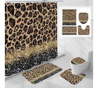 Litabel 4 Pcs Black Leopard Print Shower Curtain Set with Non-Slip Rugs, Toilet Lid Cover and Bath Mat, Wild Animal Skin Bathroom Decor Set with Shower Curtain and Rugs(Hooks Not Included)