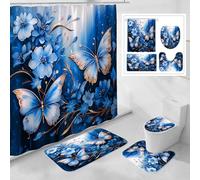 Litabel 4 Pcs Navy Blue Floral Butterfly Shower Curtain Set with Non-Slip Rugs, Modern Toilet Lid Cover and Bath Mat, Elegant Bathroom Decor Set with Shower Curtain and Rugs(Hooks Not Included)