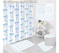Litabel 4Pcs Cute Blue Bow Shower Curtain Sets with Rug, Toilet Lid Cover and Bath Mat, Aesthetic Bowknot Shower Curtains for Blue Bathroom Decor, Modern Minimalist White Waterproof Bathroom Set