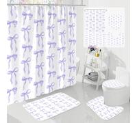 Litabel 4Pcs Cute Lavender Bow Shower Curtain Sets with Rug, Toilet Lid Cover and Bath Mat, Aesthetic Bowknot Shower Curtains for Purple Bathroom Decor, Modern Minimalist White Waterproof Bathroom Set