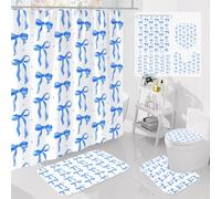 Litabel 4Pcs Cute Navy Bow Shower Curtain Sets with Rug, Toilet Lid Cover and Bath Mat, Aesthetic Bowknot Shower Curtains for Blue Bathroom Decor, Modern Minimalist White Waterproof Bathroom Set