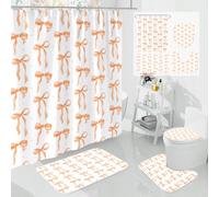 Litabel 4Pcs Cute Orange Bow Shower Curtain Sets with Rug, Toilet Lid Cover and Bath Mat, Aesthetic Bowknot Shower Curtains for Orange Bathroom Decor, Modern Minimalist White Waterproof Bathroom Set