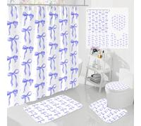 Litabel 4Pcs Cute Purple Bow Shower Curtain Sets with Rug, Toilet Lid Cover and Bath Mat, Aesthetic Bowknot Shower Curtains for Purple Bathroom Decor, Modern Minimalist White Waterproof Bathroom Set