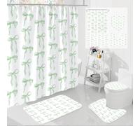 Litabel 4Pcs Cute Sage Bow Shower Curtain Sets with Rug, Toilet Lid Cover and Bath Mat, Aesthetic Bowknot Shower Curtains for Green Bathroom Decor, Modern Minimalist White Waterproof Bathroom Set