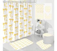 Litabel 4Pcs Cute Yellow Bow Shower Curtain Sets with Rug, Toilet Lid Cover and Bath Mat, Aesthetic Bowknot Shower Curtains for Yellow Bathroom Decor, Modern Minimalist White Waterproof Bathroom Set