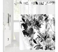 Litabel Extra Long No Hook Black Watercolor Floral Shower Curtain, Plant Leaves with Flower Hookless Shower Curtains for Summer Decor, Modern Botanical Waterproof Shower Curtain Set 72x86 Inch