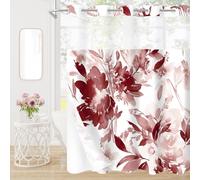 Litabel Extra Long No Hook Burgundy Watercolor Floral Shower Curtain, Plant Leaves with Flower Hookless Shower Curtains for Summer Bathroom Decor, Botanical Waterproof Shower Curtain Set 72x86 Inch