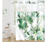 Litabel Extra Long No Hook Sage Watercolor Floral Shower Curtain, Plant Leaves with Flower Hookless Shower Curtains for Summer Green Bathroom Decor, Botanical Waterproof Shower Curtain Set 72x86 Inch