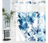 Litabel Long No Hook Blue Watercolor Floral Shower Curtain, Plant Leaves with Flower Hookless Shower Curtains for Summer Bathroom Decor, Modern Botanical Waterproof Shower Curtain Set 72x80 Inch