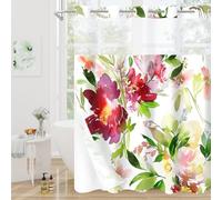 Litabel Long No Hook Green Watercolor Floral Shower Curtain, Plant Leaves with Flower Hookless Shower Curtains for Summer Pink Bathroom Decor, Botanical Waterproof Shower Curtain Set 72x80 Inch
