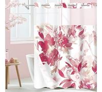 Litabel Long No Hook Pink Watercolor Floral Shower Curtain, Plant Leaves with Flower Hookless Shower Curtains for Summer Bathroom Decor, Modern Botanical Waterproof Shower Curtain Set 72x80 Inch