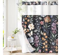 Litabel No Hook Black Watercolor Floral Shower Curtain, Black Hookless Shower Curtains with Flower Plant Leaves for Farmhouse Bathroom Decor, Modern Botanical Waterproof Bathroom Curtain 72x74 Inch