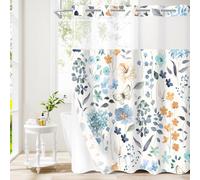 Litabel No Hook Blue Watercolor Floral Shower Curtain, Blue Hookless Shower Curtains with Flower Plant Leaves for Farmhouse Bathroom Decor, Modern Botanical Waterproof Bathroom Curtain 72x74 Inch