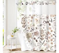 Litabel No Hook Brown Watercolor Floral Shower Curtain, Brown Hookless Shower Curtains with Flower Plant Leaves for Farmhouse Bathroom Decor, Modern Botanical Waterproof Bathroom Curtain 72x74 Inch