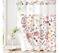 Litabel No Hook Burgundy Watercolor Floral Shower Curtain, Red Hookless Shower Curtains with Flower Plant Leaves for Farmhouse Bathroom Decor, Modern Botanical Waterproof Bathroom Curtain 72x74 Inch