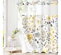 Litabel No Hook Yellow Watercolor Floral Shower Curtain, Yellow Hookless Shower Curtains with Flower Plant Leaves for Farmhouse Bathroom Decor, Modern Botanical Waterproof Bathroom Curtain 72x74 Inch