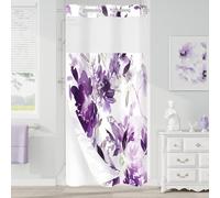 Litabel Small No Hook Purple Watercolor Floral Shower Curtain, Plant Leaves with Flower Hookless Shower Curtains for Bathroom Decor, White Modern Botanical Waterproof Shower Curtain Set 36x74 Inch