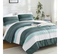 Litanika Dark Emerald Green California King Comforter Set - 3 Pieces Cal King Oversized Lightweight Summer Colorblock Stripe Bedding Set (104x96In, 2 Pillowcases)