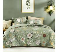 Litanika Floral Green Quilt Oversized King - 3Pcs Botanical Birds Bedding