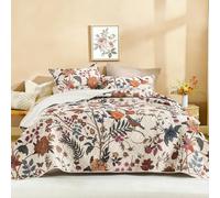 Litanika Floral Light Beige Quilt Queen - 3Pcs Botanical Birds Bedding Set | Bedspread Summer Lightweight Soft Coverlet with Blue Flower for All Seasons (96"x90")