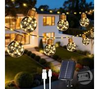 Litark Solar String Lights Outdoor with 20 Shatterproof G50 Bulbs - 25Ft/7.6m Soalr Fairy Lights,USB Port,8 Modes Waterproof, Garden Yard Camping Decor - Warm White