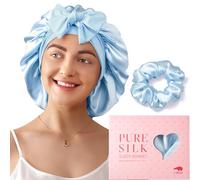 LitBear 100% Mulberry Silk Bonnet for Sleeping Women, 22 Momme Double-Layered Grade-6A Silk Hair Bonnet for Sleeping, Hair Cap for Sleeping with Tie Band on Head, Includes Scrunchie (Blue)