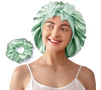 LitBear 100% Mulberry Silk Bonnet for Sleeping Women, 22 Momme Double-Layered Grade-6A Silk Hair Bonnet for Sleeping, Hair Cap for Sleeping with Tie Band on Head, Includes Scrunchie (Green)